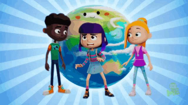 three cartoon characters standing in front of a globe with the words we me on the bottom left