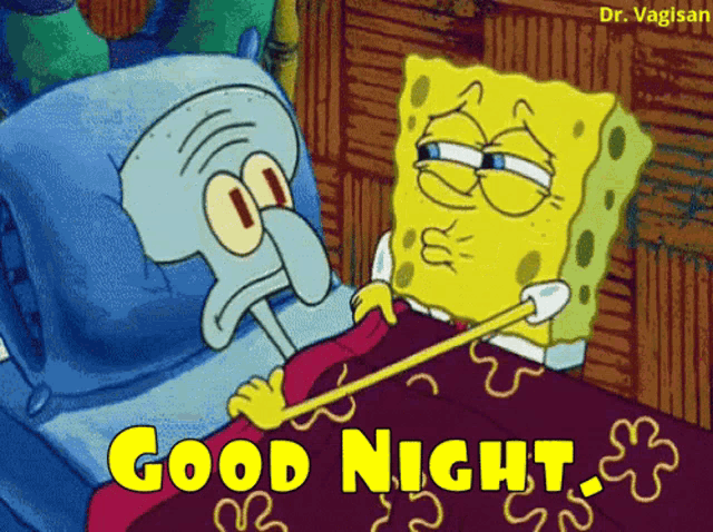 a cartoon of spongebob and squidward wishing each other a good night