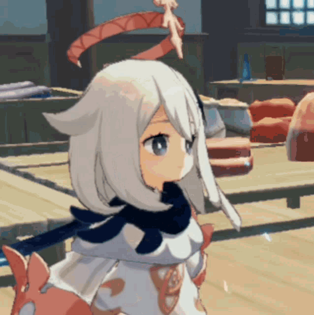 a girl with white hair and blue eyes stands in a room