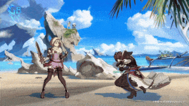 a video game screen shows a man and a woman on a beach