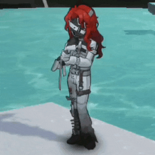 a woman with red hair is standing on a snowy surface in a video game .