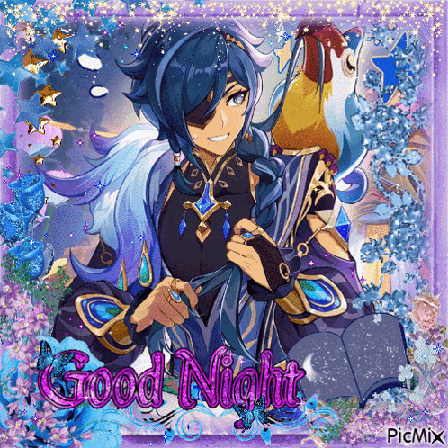 a picture of a man with blue hair and the words good night on the bottom