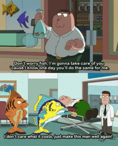 a cartoon of peter griffin talking to a fish and a man in a hospital bed