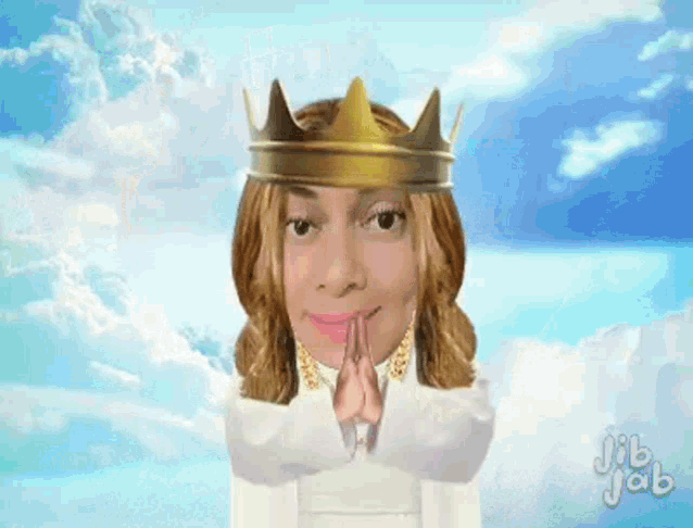 a woman with a crown on her head is praying in front of a cloudy sky