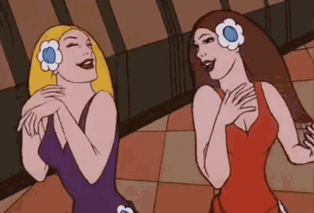 two cartoon women are standing next to each other and laughing .