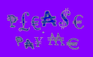 a purple background with currency symbols and the words " please pay "