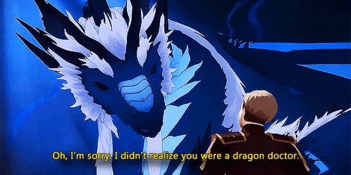 a man stands in front of a blue and white dragon with the words oh i 'm sorry