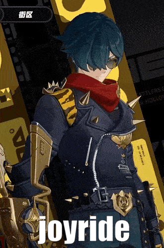 a video game character named joyride is wearing sunglasses and a scarf around his neck