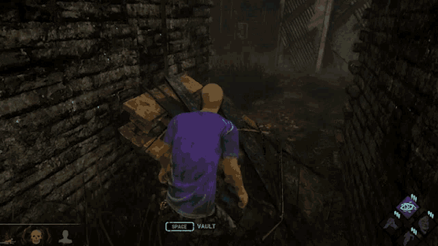 a man in a purple shirt is walking through a dark room with a space and vault button on the screen
