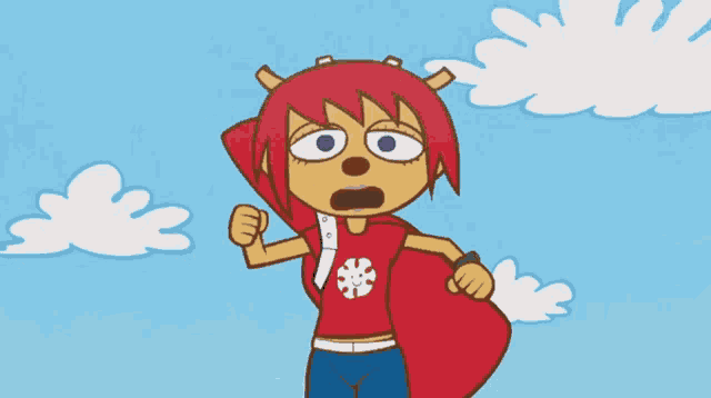 a cartoon character with red hair and purple eyes is standing in front of a blue sky with white clouds
