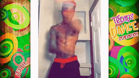 a picture of a shirtless man with the words trends dance generation above him