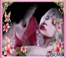 a picture of a woman surrounded by pink flowers and the words picmix on the bottom