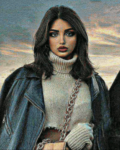 a painting of a woman wearing a turtleneck sweater and a leather jacket .
