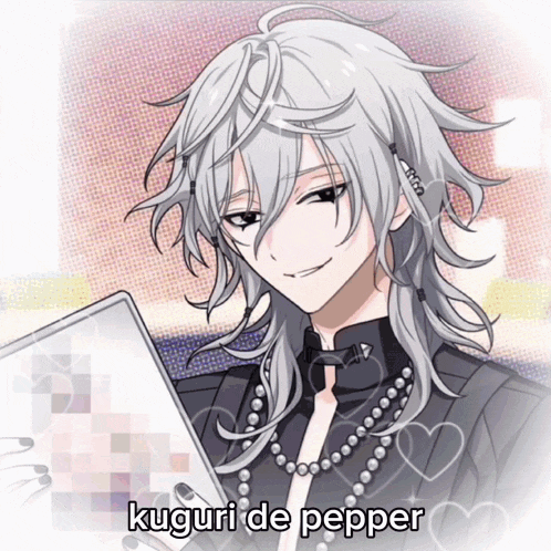 a drawing of a man with white hair and the words kuguri de pepper on the bottom