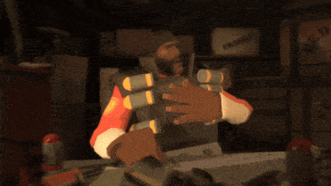 a man in a red and black uniform is standing in front of a fragile box