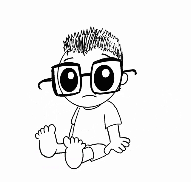 a black and white drawing of a child wearing glasses yawning