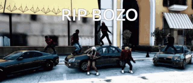 a group of people are standing on top of cars with the words rip bozo written above them