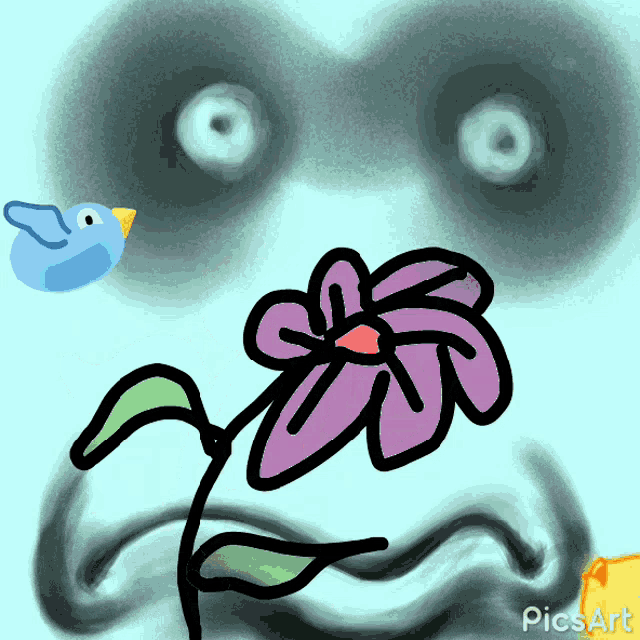 a drawing of a flower and a bird with picsart in the bottom right corner