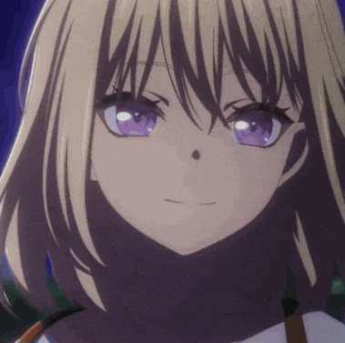a girl with blonde hair and purple eyes is smiling