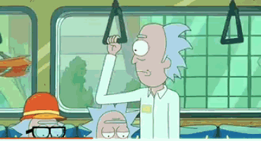 a cartoon of rick and morty on a bus holding onto a handle