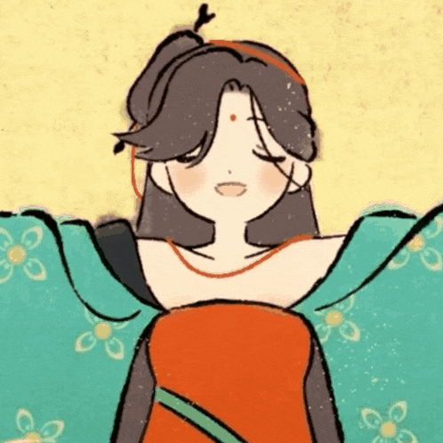 a drawing of a woman in a red dress with flowers on her sleeves