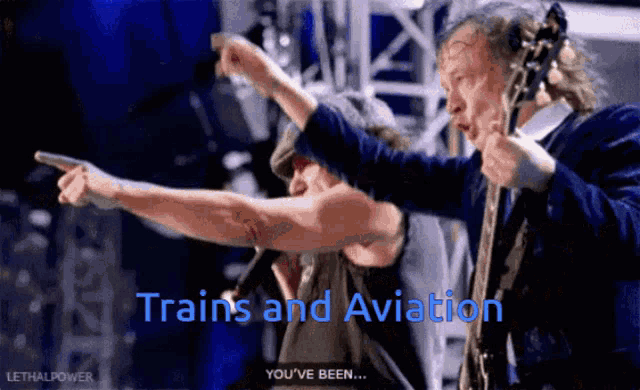 a man playing a guitar with the words " trains and aviation " below him