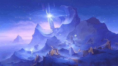a painting of a landscape with mountains and a light coming out of it