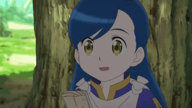 a girl with blue hair and yellow eyes holds a book