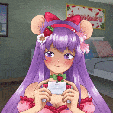 a cartoon girl with purple hair and a strawberry headband