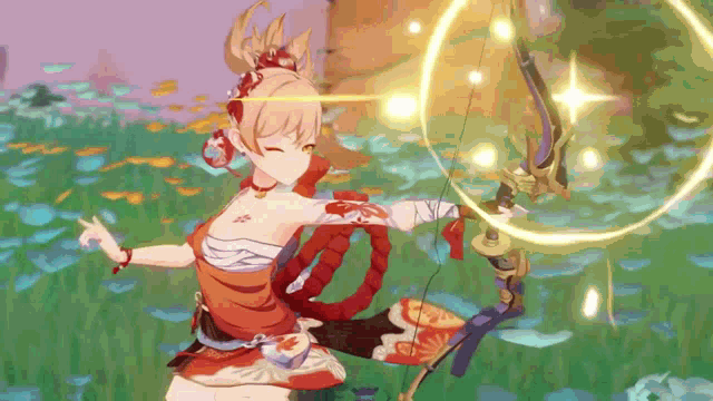 a girl in a red dress is holding a bow and arrow in a game .