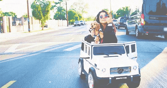 a woman is driving a small white mercedes with two dogs in it
