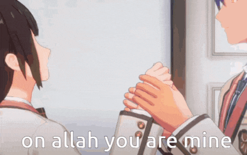 a boy and a girl holding hands with the words on allah you are mine