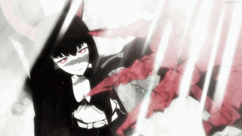a black and white drawing of a girl with red eyes and the name kirayuzu at the bottom
