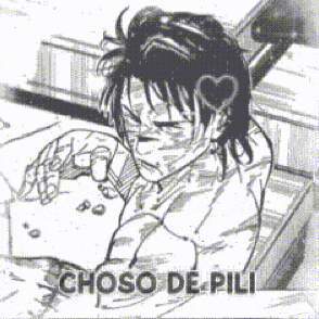 a black and white drawing of a person with the words choso de pili written on the bottom