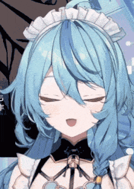 a girl with blue hair is wearing a maid 's hat