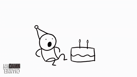 a stick figure wearing a party hat is standing next to a cake with candles
