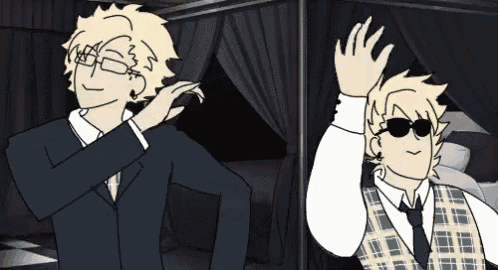 a cartoon of two men in suits and sunglasses standing next to each other in a bedroom .