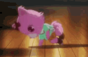 a pink animal with the number 12 on its chest is walking on a wooden floor