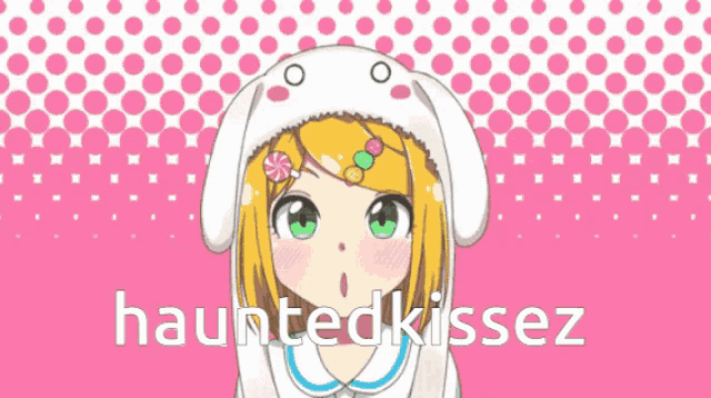 a girl wearing bunny ears and the words hauntedkissez