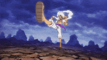 a cartoon of a man kicking with a purple ribbon around his waist