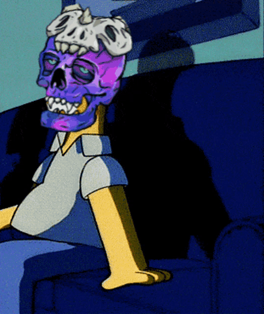 a cartoon character with a purple skull on his head sits on a blue couch