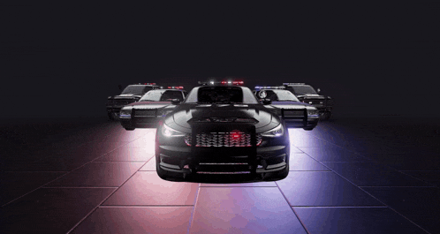 a row of police cars are lined up in a row
