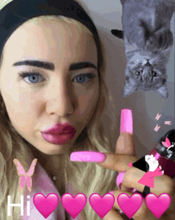 a woman with long pink nails is surrounded by pink hearts