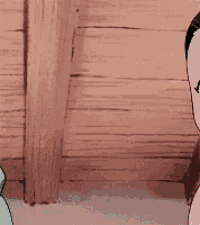 a cartoon of a man and a cat standing next to each other in a wooden room .