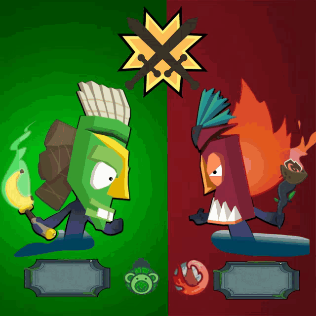 a green cartoon character and a red cartoon character are standing next to each other on a green and red background