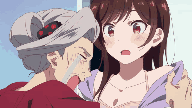 a cartoon of an older woman holding a young girl