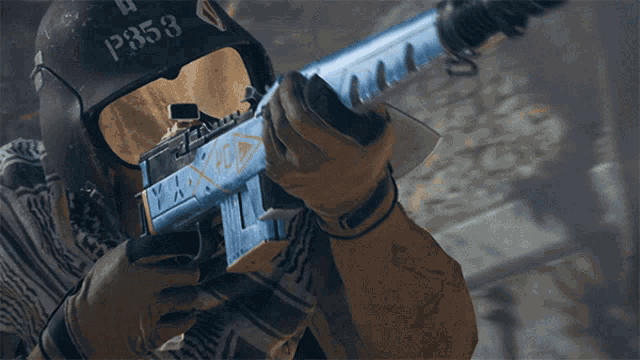 a soldier with a helmet that says p853 on it