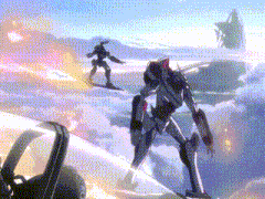 a painting of two robots flying through the air .