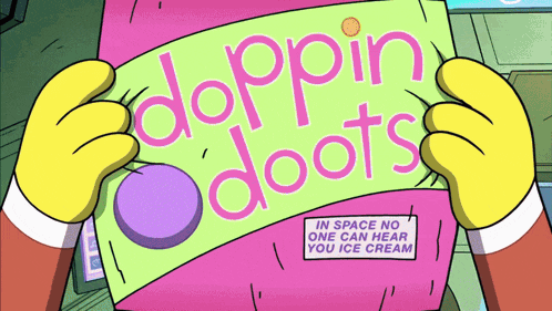 a cartoon character is holding a bag of doppin doots
