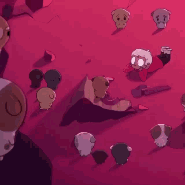 a cartoon drawing of a boy laying on the ground surrounded by small animals